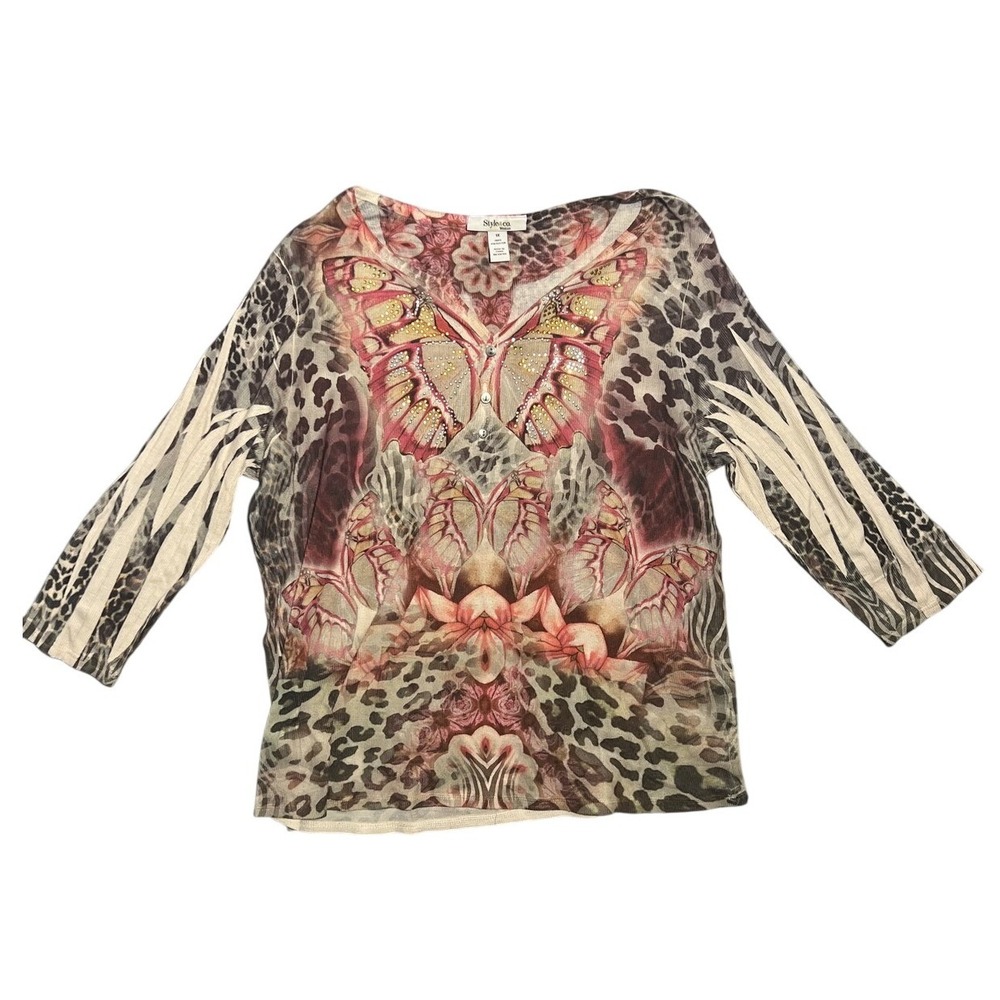 Style & Co. Woman 1X Blouse Top Animal Print Butterfly Rhinestone Ribbed 3/4